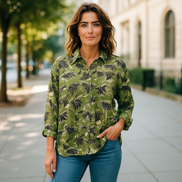 Tahari Tops - Tahari Green Palm Print Button Down Shirt Size L